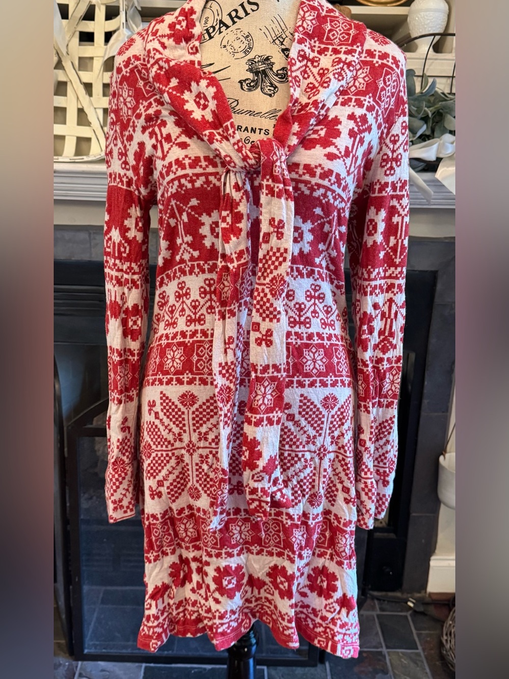 Alicia Bell Fair Isle Snowflake Mini Dress Red White Bandana Western Tie Neck